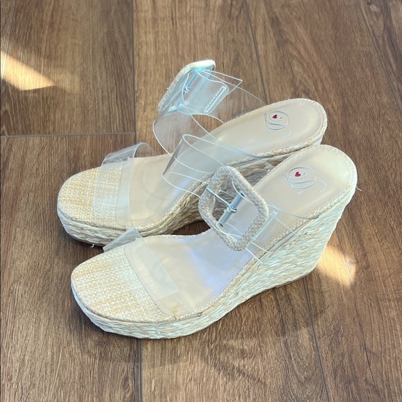 Delicious Shoes - Delicious Beige Wedge Sandals with Clear Straps